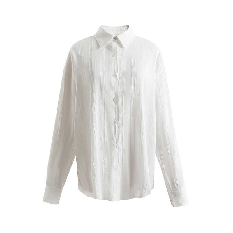 

Song Hye Gyo Wearing French Style Design Lazy White Vertical Bars Jacquard Lapel Long Sleeves Sunscreen Shirt Easiest for Match Tops White L