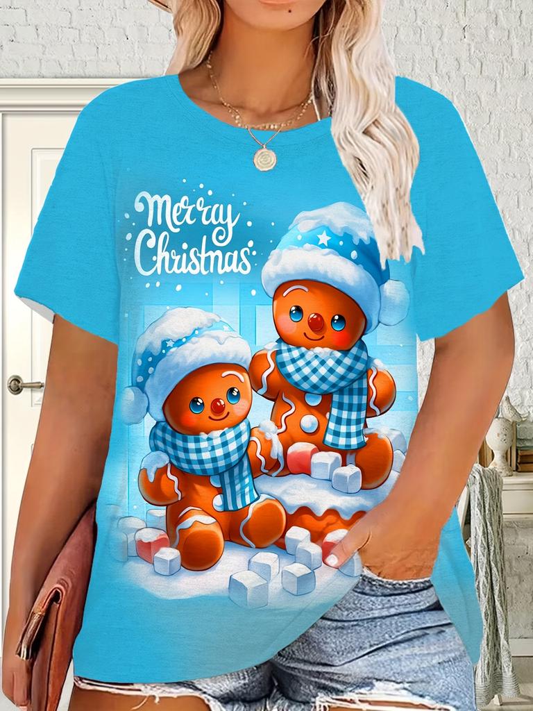 Women'S Christmas T-Shirt 3D Printed Gingerbread Men's T-shirts & Snowflakes Round Neck Short Sleeve Summer Top Y2k Ladies Cloth