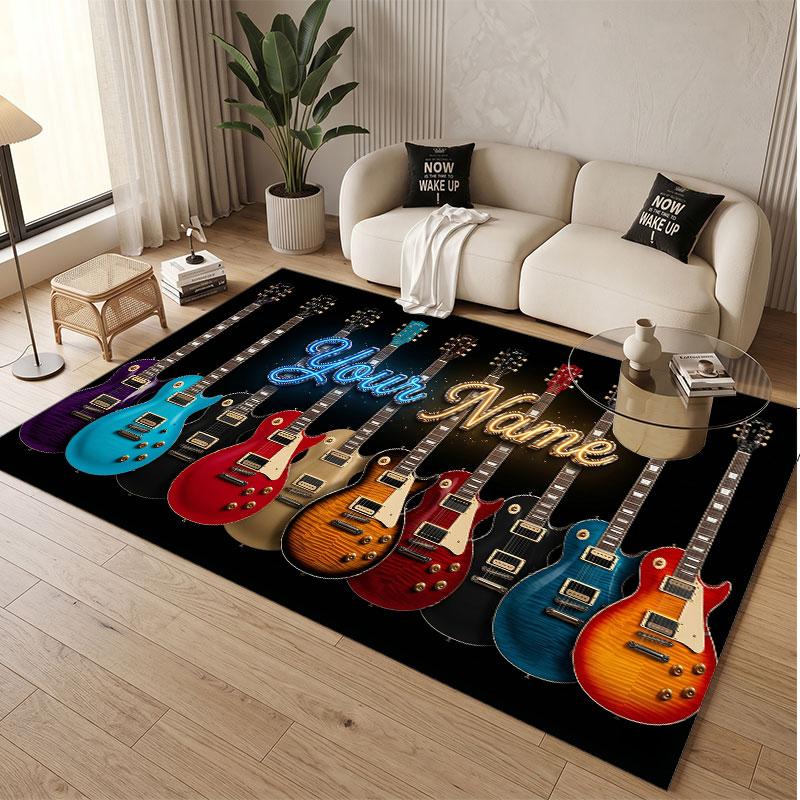 Music Guitar Theme Soft Crystal Velvet Rug Custom Name & Text Print Non Slip Floor Rug for Bedroom Living Room