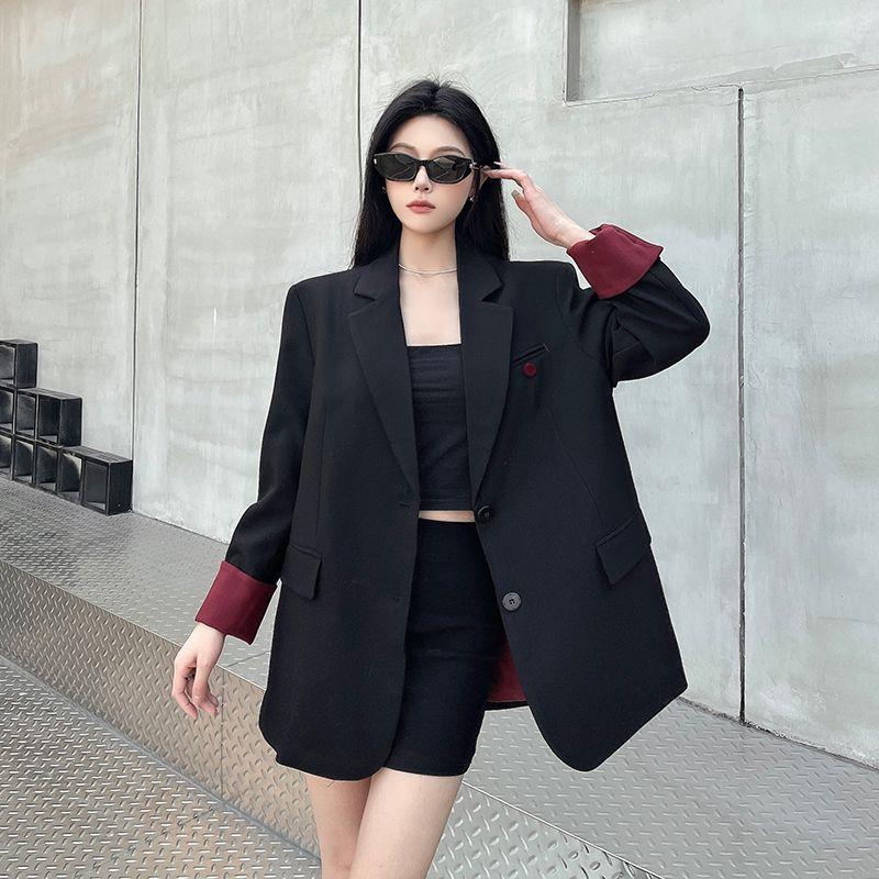 

Women Spring Autumn Elegant Loose Blazer Black Red Inner Contrast Turned Cuff Padded Shoulder Long Sleeve Blazer Outerwear Top S чёрный