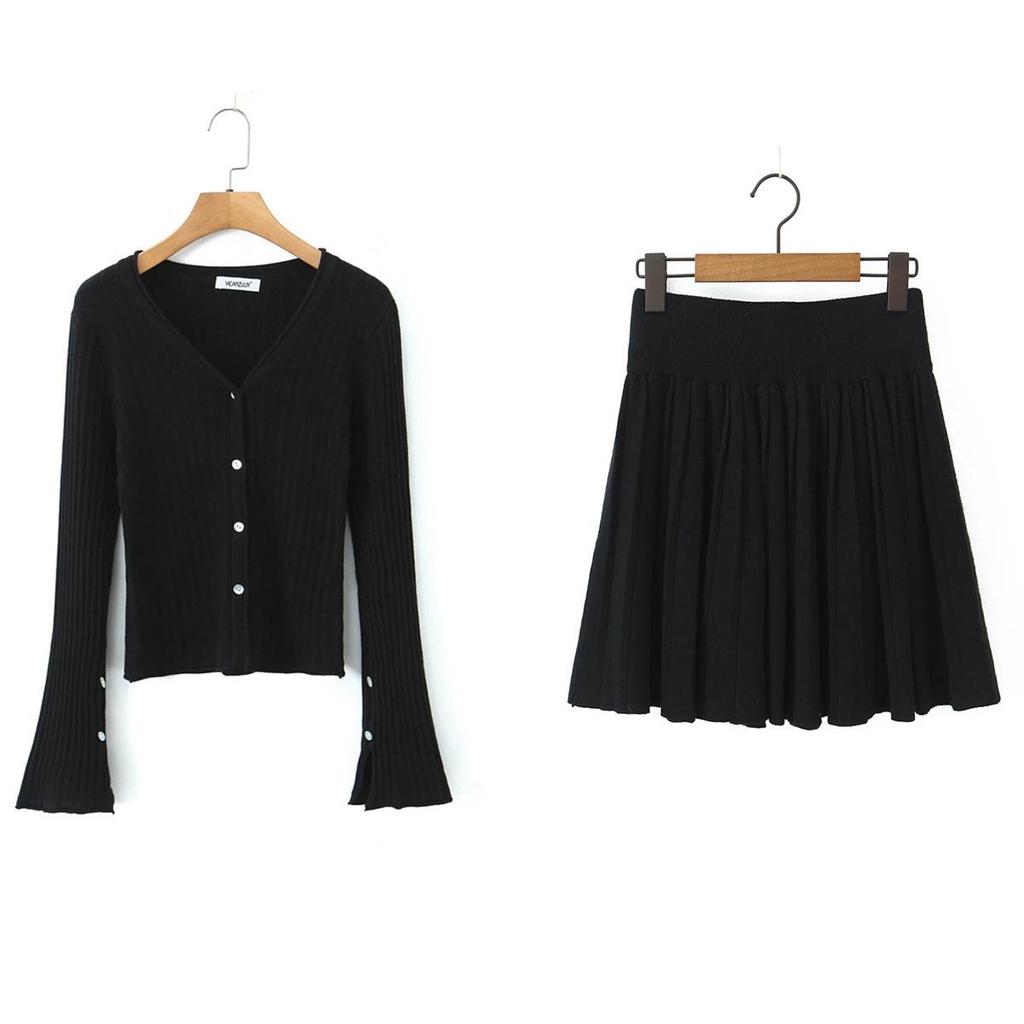 Korean Retro V-Neck Cardigan & High Waist Pleated Skirt Knit Set