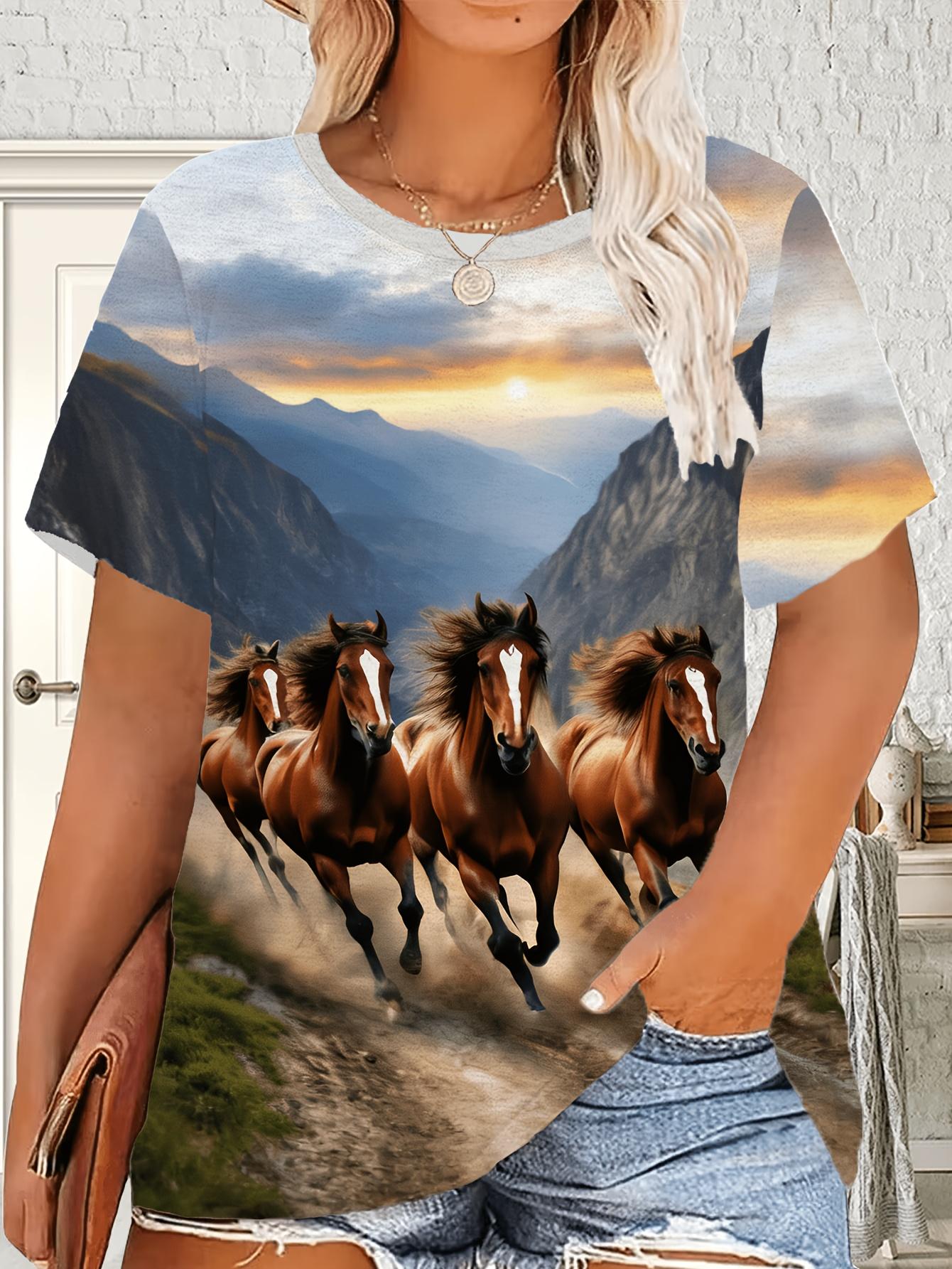 

Women s Elegant Brown Horse Print Short-Sleeve T-Shirt - Round Neck Casual Blouse Suitable for Spring Summer Fall. Versatile for Commuting. Vacations 3XL дубильна кора