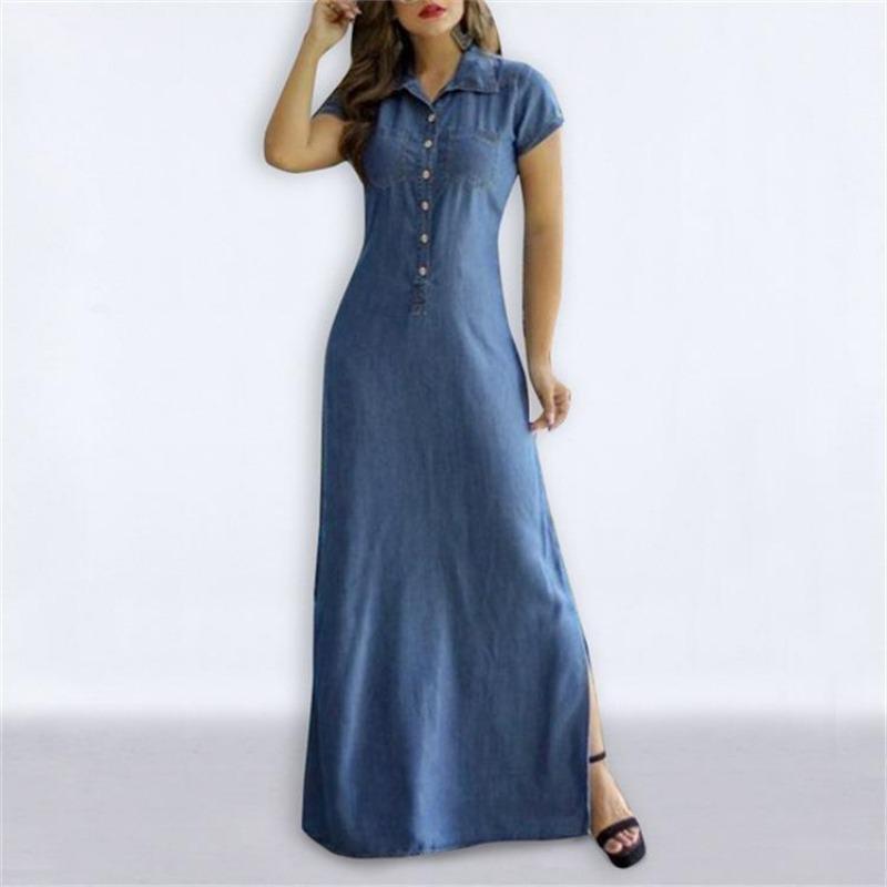 2026 New Women's Denim Shirt Dress - Long Casual Maxi Dress with Shirt Collar, Side Slit, Pockets, and Flared Hem, Plus Size Comfortable Summer Dress