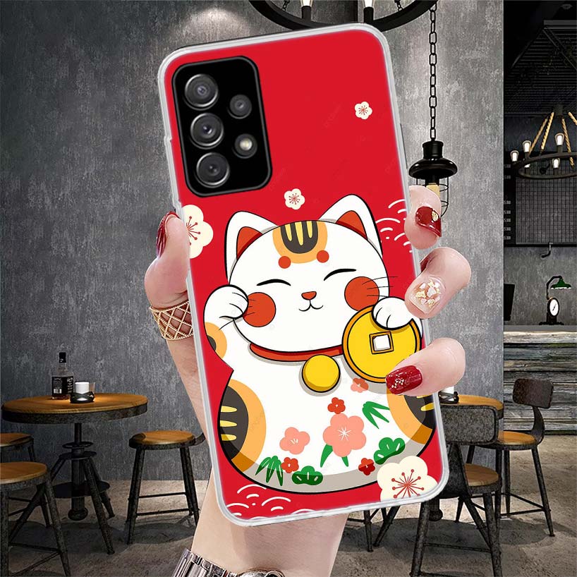 Lucky Cat Maneki Neko Japanese Soft Phone Case For Samsung Galaxy A12 A22 A32 A52 A72 A02S A51 A50S A71 A70 A31 A20S Note 20 Ult