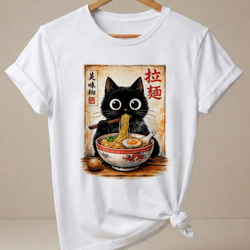 RaUnisex Cat TShirt Unisex Funny Short Sleeve Graphic T Shirts Japanese Cat Printed Kitty Tops Summer Round Neck Cat Lover Tees