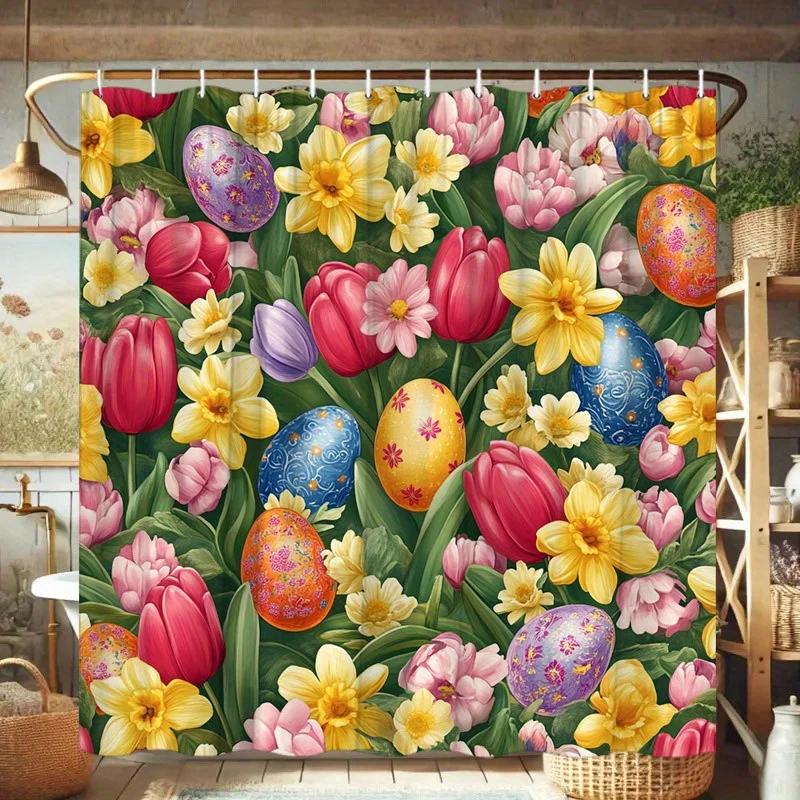 ~O~1pc Spring Garden Shower Curtain - Red Tulips, Yellow Daffodils, Pink Roses - Festive Bathroom Decor - Polyester, 70.8x70.8in
