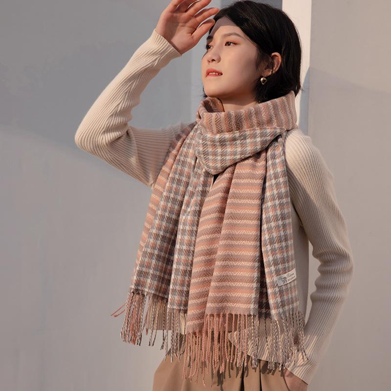 Half-sided thousand bird grid scarf women's 2025 new sweet imitation cashmere warm medium and long plaid scarf