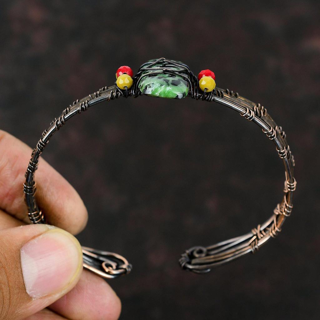 Ruby Zoisite Copper Cuff Bracelet Yellow & Red Coral Beads Bangle Copper Wire Wrapped Jewelry Adjustable Bracelet Gemstone Handmade Jewelry