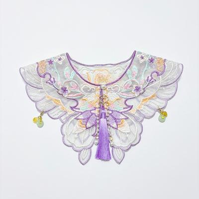 Haustier-Hanfu-Accessoires im Wolkenstil - Katzen-Schal, Stickerei im antiken Stil, Perlenquasten, Hundebib, Halsband, Lila Schmetterling