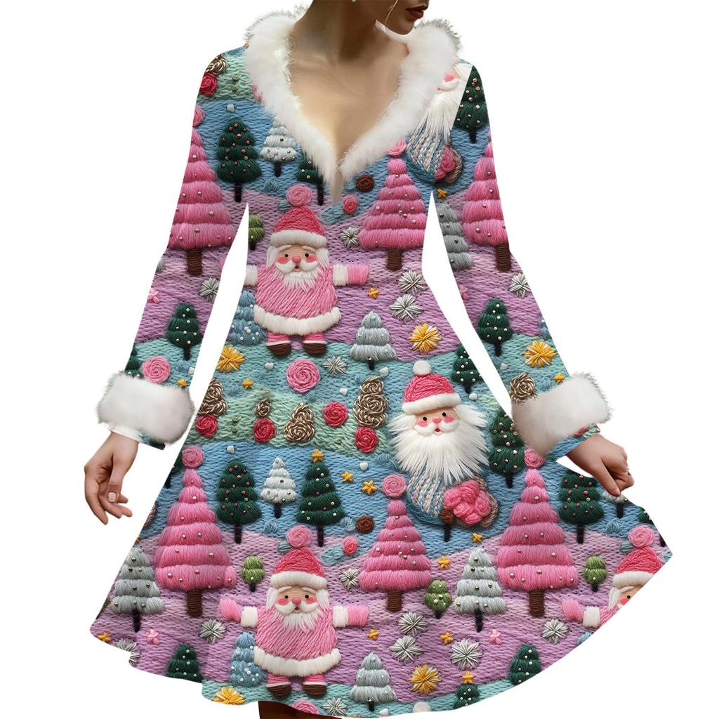 Women's Casual V-neck Christmas Print Plush Long-Sleeve Casual Dress