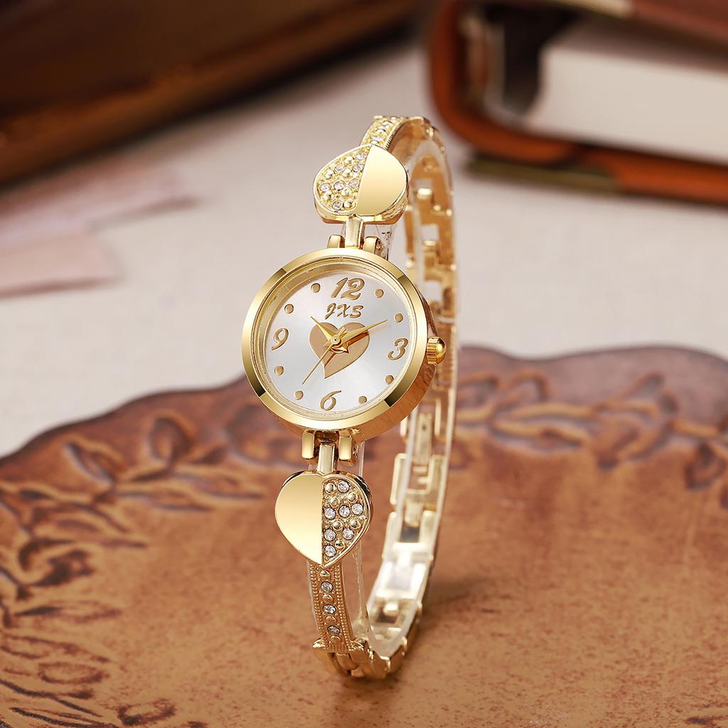 New Small Gold Watch with Diamond Inlaid Bracelet Watch, Women's Compact Round Quartz Watch
