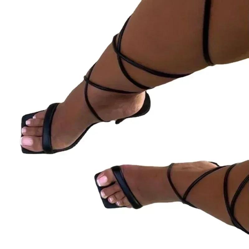 Fashion 2025 Brand Women's Sandals Ankle Straps Female Sexy Dress Rome Sandal Ladies Lace Up Square Toe High Heels Open Toe Shoes Women