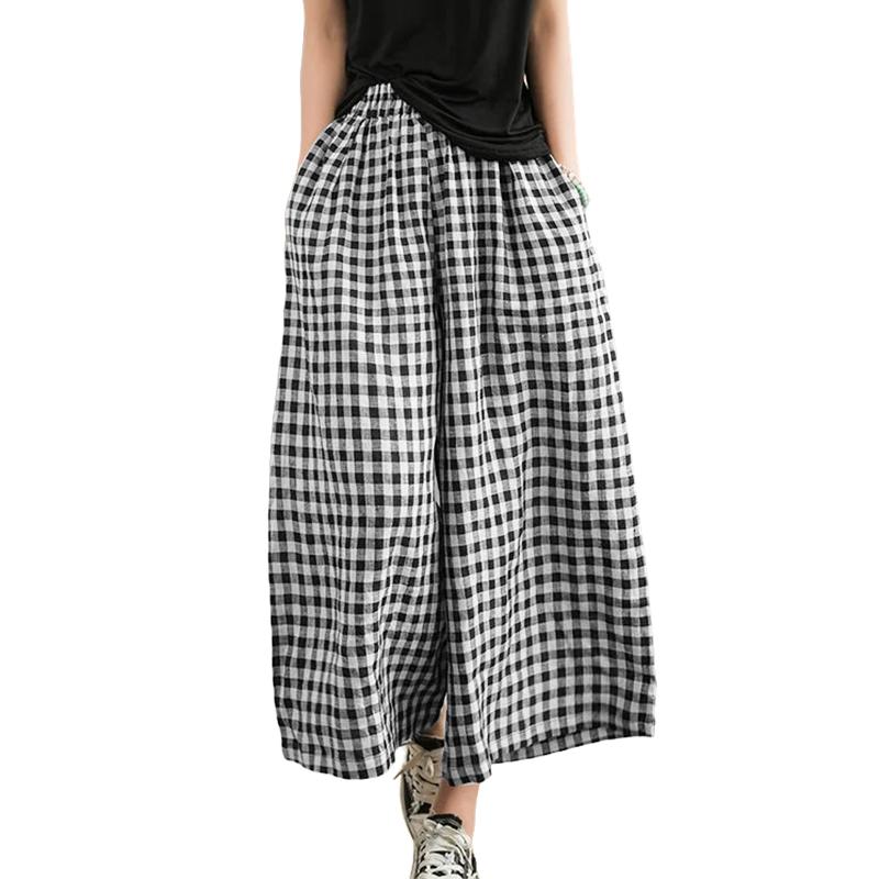 

ZANZEA Women Casual Elastic Waist Loose Summer Plaid Print Pants S