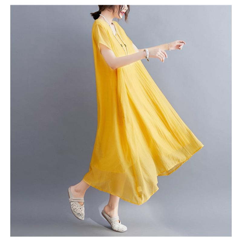 A Woman In A Solid V-neck Dress for Summer