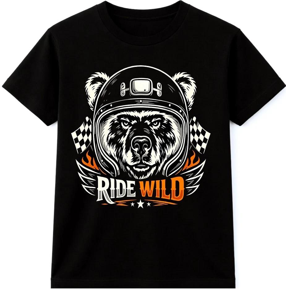 Ride Wild Biker T Shirt Bear Motorcycle Helmet Racing Flags Vintage Graphic Tee L