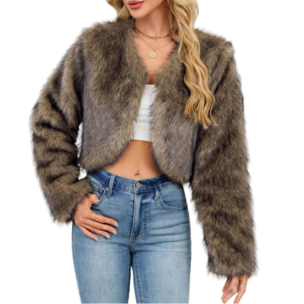 Fashionable Women's Plush Short Jacket Fauxsuit Collar