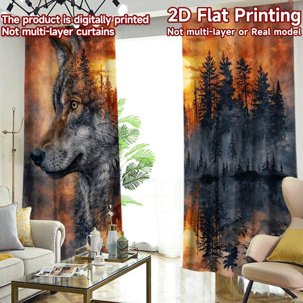 2D FLAT PRINTING 2pcs Curtains (Without Rod) Wolf and Forest Sunset Chic Curtains Digital Printed Yarn Curtains Art Deco Festive