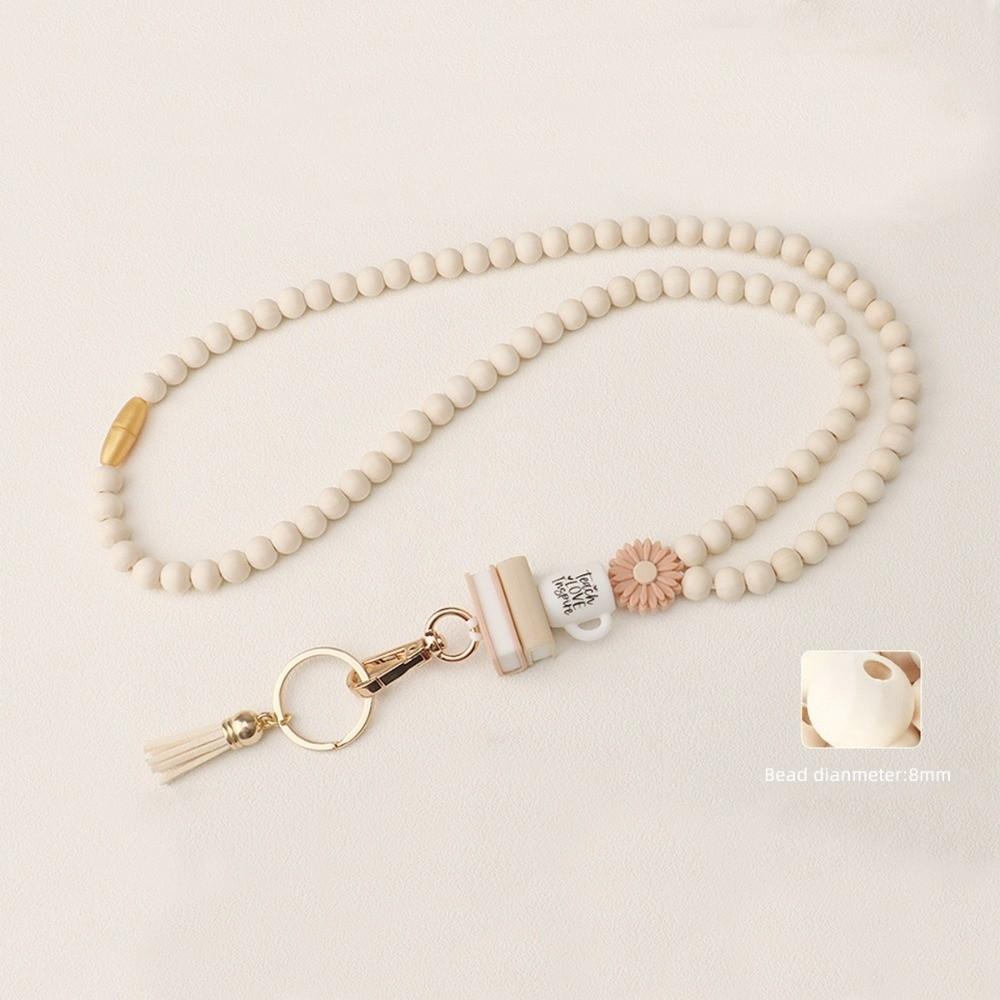 Wood Teacher Lanyard Pink Daisy Beads ID Holder Strap Fashion String for ID Badges  Keys