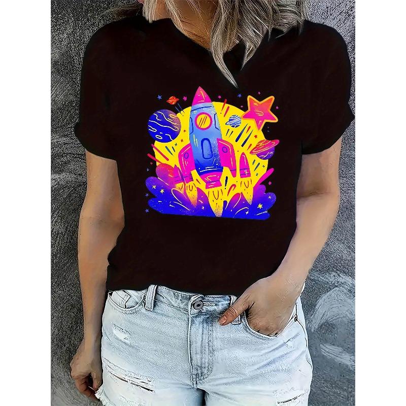 

European sizes Women s Colorful Rocket Ship Print Tee - Playful Casual Short Sleeve T-Shirt 4XL чорний