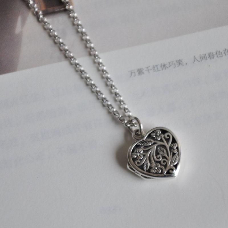 Silver 925 Hollow Out Tree Branch Luster Heart-shaped Necklaces Can Open Pendant Retro Ethnic Style Keel Chain Fine Jewelry