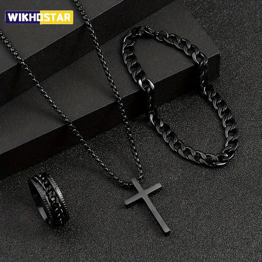 3pcs Set Men's Fashion Alloy Jewelry Cross Pendant Chain Necklace Bracelet Ring Jewelry Set Male Hip Hop Daily Wear Accessories