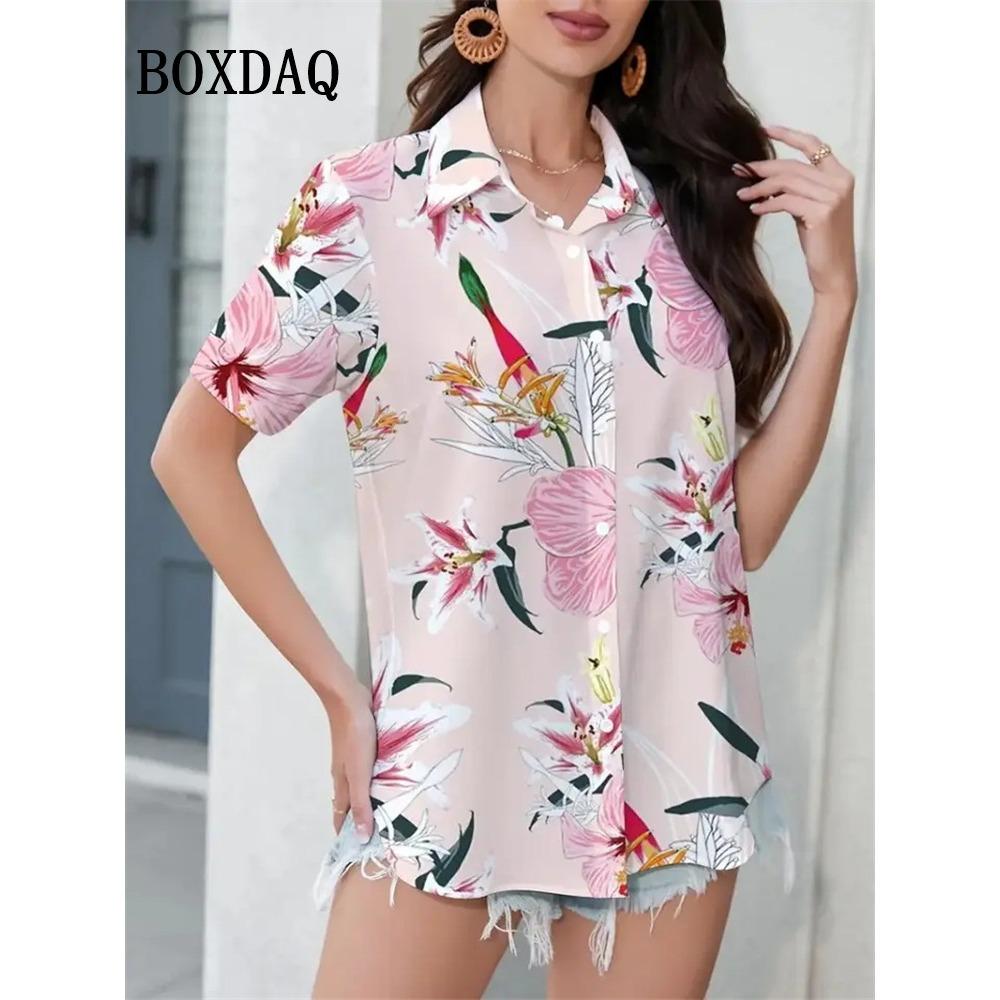 Women's Blouses Summer Retro Flower 3D Printing Shirts Casual Short Sleeve Elegant Fashion Lapel Cardigan Shirts Ladies