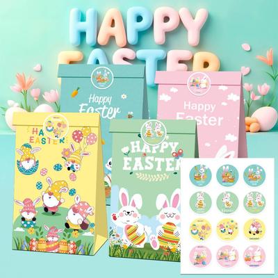 12-Pack Colorful Kraft Paper Gift Bags With 12 Stickers – 22x12x8cm Small Party Favor Bags For Easter, Birthday, Wedding, Christmas – 4 Designs