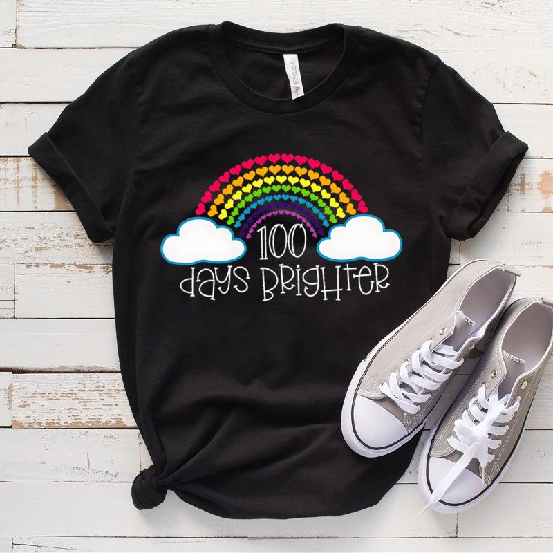 Women's Top 100 Days of School Printed High Street Trendy Fashion Casual Cotton T-Shirts Women’s