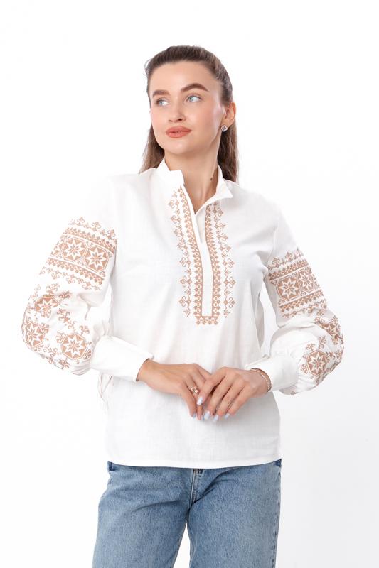 Blouse – Women's Linen Embroidered Shirt with Puff Sleeves & High Collar, Any Season 8409-132-22 HC