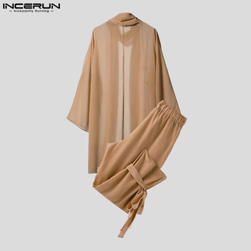 INCERUN 2PCS Sets Mens See Through Long Sleeve Open Front Tops Harem Pants Beach Home Outfits