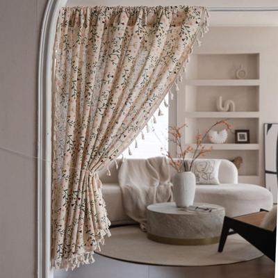 Polyester Cotton Printed Fringe Curtains Semi-Blackout Windows Curtains With Tassels Cotton Linen Curtains Panels For Bedroom