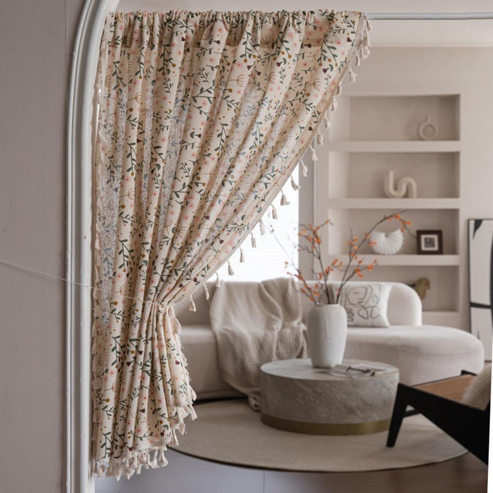 Polyester Cotton Printed Fringe Curtains Semi-Blackout Windows Curtains With Tassels Cotton Linen Curtains Panels For Bedroom