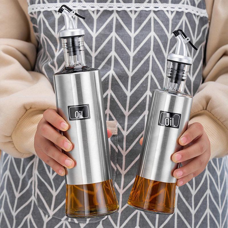 Ανοξείδωτος Χάλυβας & Γυάλινος Διανομέας Λαδιού με Δοχείο Μπαχαρικών για Κουζίνα