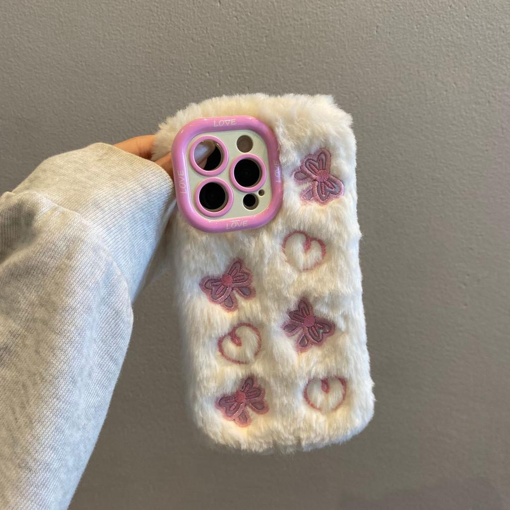Plush Love Butterfly Mobile Phone Case for Apple 16PROMAX Lens Holder 14 Fine Holes 12 Girl Winter 11