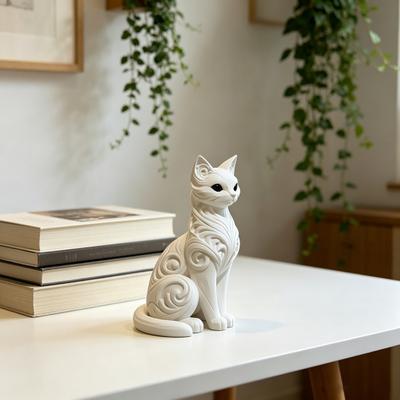 3D Printed Sitting Cat Figurine Ornament Baroque Carving Kitten Statue Sculpture Home Office Decoration Ornament Gift for Cat Lovers
