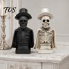 Desktop Ornament for Dark Style Decor Gothic Halloween Skull Sculpture with Top Hat And Cape, Spooky Resin Creepy Statue Holiday Skeleton Figurine LED