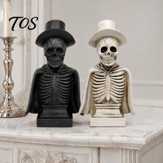Desktop Ornament for Dark Style Decor Gothic Halloween Skull Sculpture with Top Hat And Cape, Spooky Resin Creepy Statue Holiday Skeleton Figurine LED