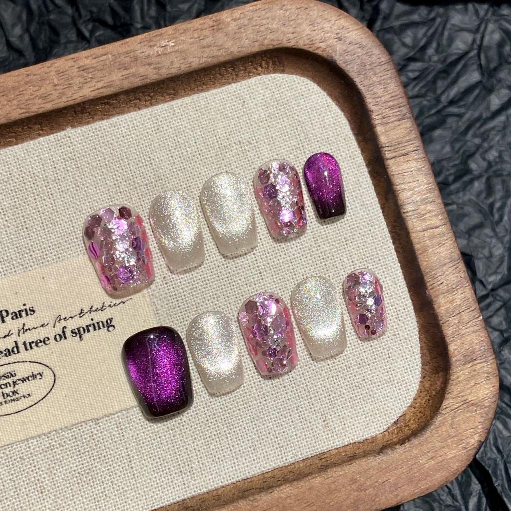 10Pcs Handmade Cat Eye Glitter Press On Nails Reusable Ballerina Coffin Shape Full Cover Artificial Manicure Wearable False Nails