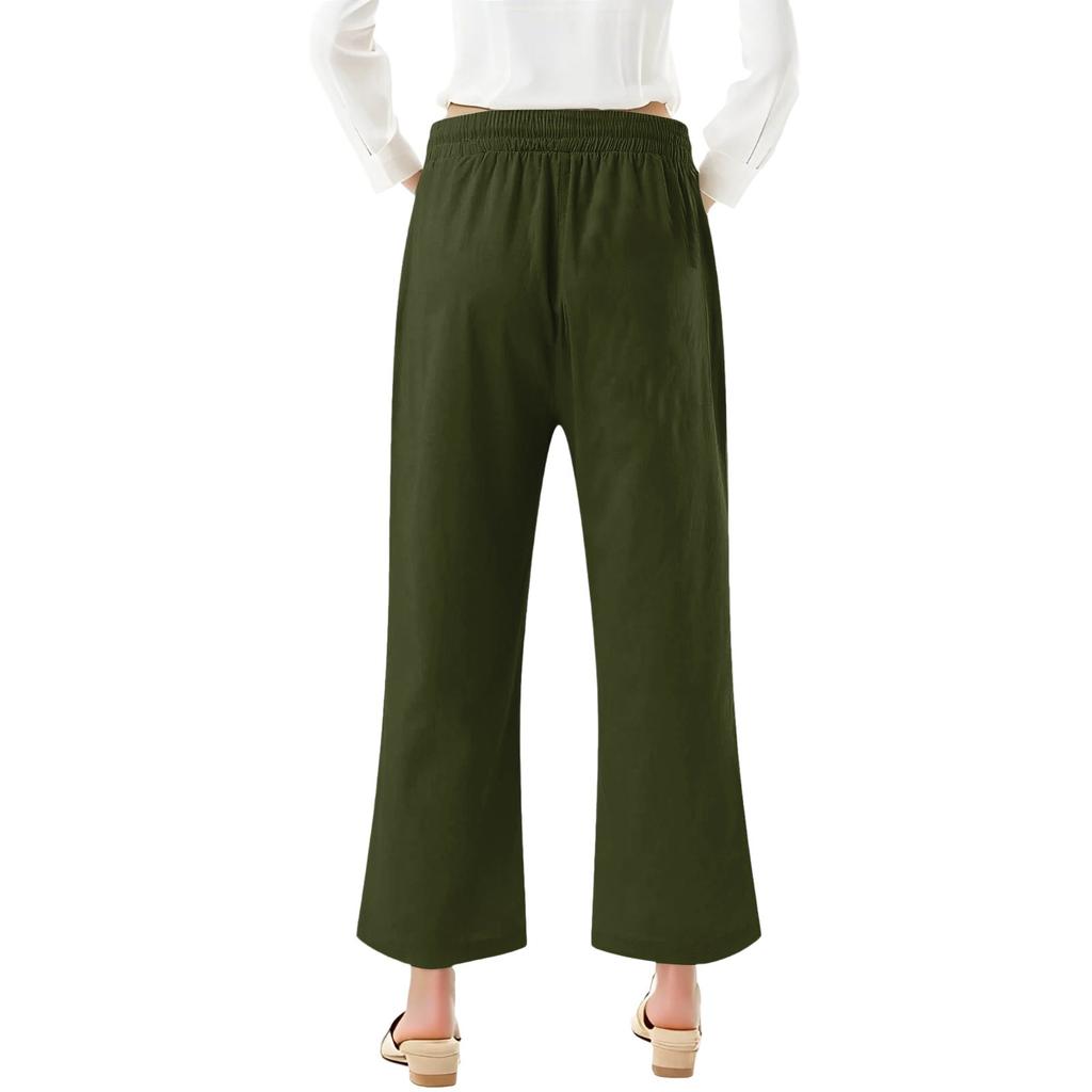 Women's Summer Elastic Lace-up Color Button Decoration Cotton And Linen Loose Cropped Pants
