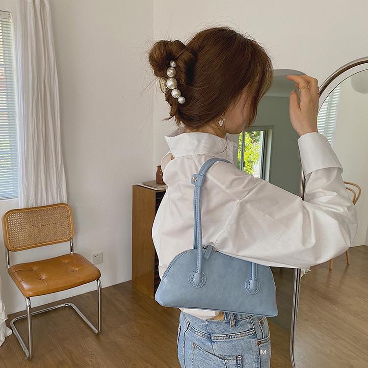 Women's Retro Waxed Leather Baguette Handbag - Niche, Versatile Candy Color Shoulder Bag