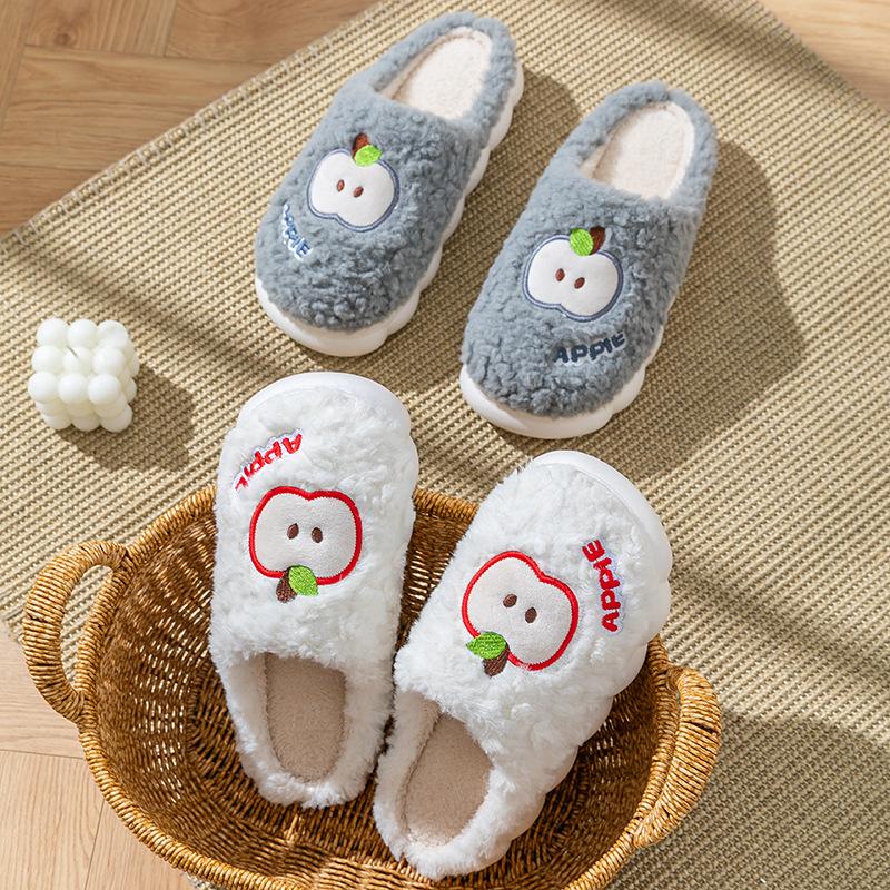 2025 new cotton slippers autumn and winter home soft bottom non-slip plush warm cute little apple plush slippers