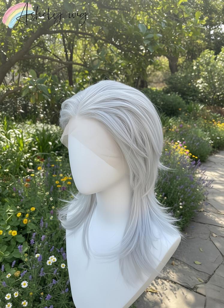 Ashely Sliver Gray Wig Cosplay Shoulder Length Mullet Wigs Layers Ponytail 13x4 Synthetic Lace Front Wig for Women Glueless Wigs