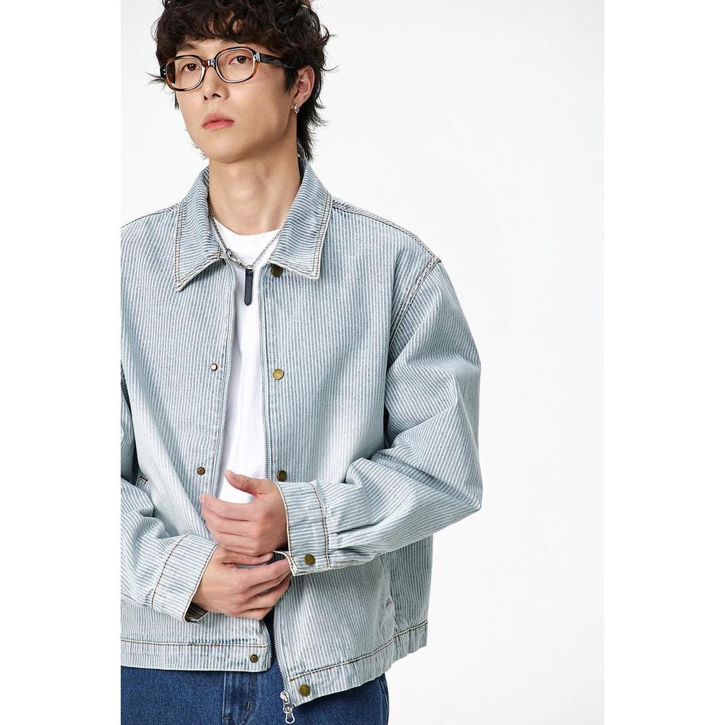 Spring Autumn Men's Classic Striped Retro Washed Ice Blue Denim Jacket W515