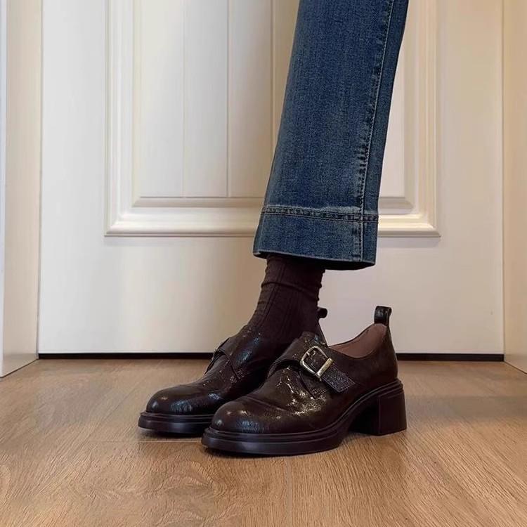 Sheepskin Version~ Retro Belt Buckle Deep Mouth Loafers Women's Simple Commuting Thick Heel One Pedal British Style Small Leather Shoes
