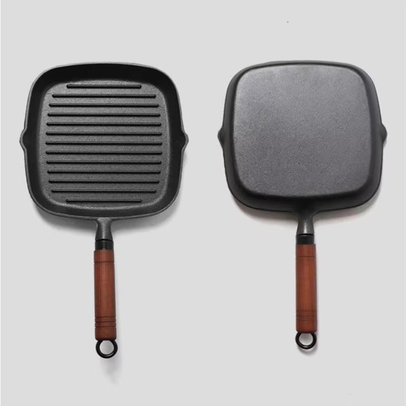 Cookware Cast Iron Square Grill Pan Steak Fry Pan with Wood Handle