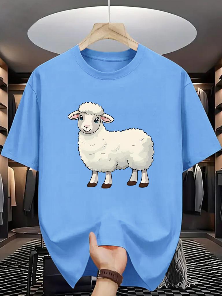 Cartoon Sheep Graphic T Shirt For Unisex Adorable Fluffy Lamb Crew Neck Tee Farm Animal Print Casual Male Daily Outfit Tops