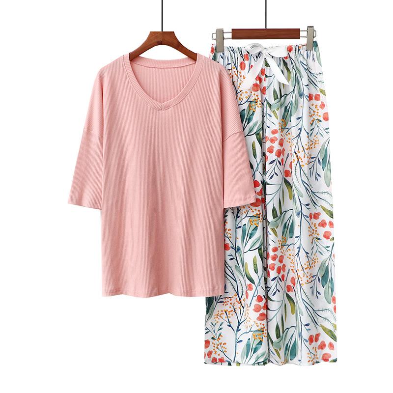 Sommer Damen Pyjama Sets Modal Kurzarm T-Shirts und Weitbein Hosen Heiß Lässig Homewear 2-teiliges Anzug Damen Nachtwäsche