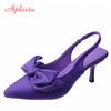 Fashion Aphixta 7cm Thin Heels Women Sandals Pointed Toe Purple Silk Butterfly-knot Ladies Modern Slides Shoes Plus Size 42