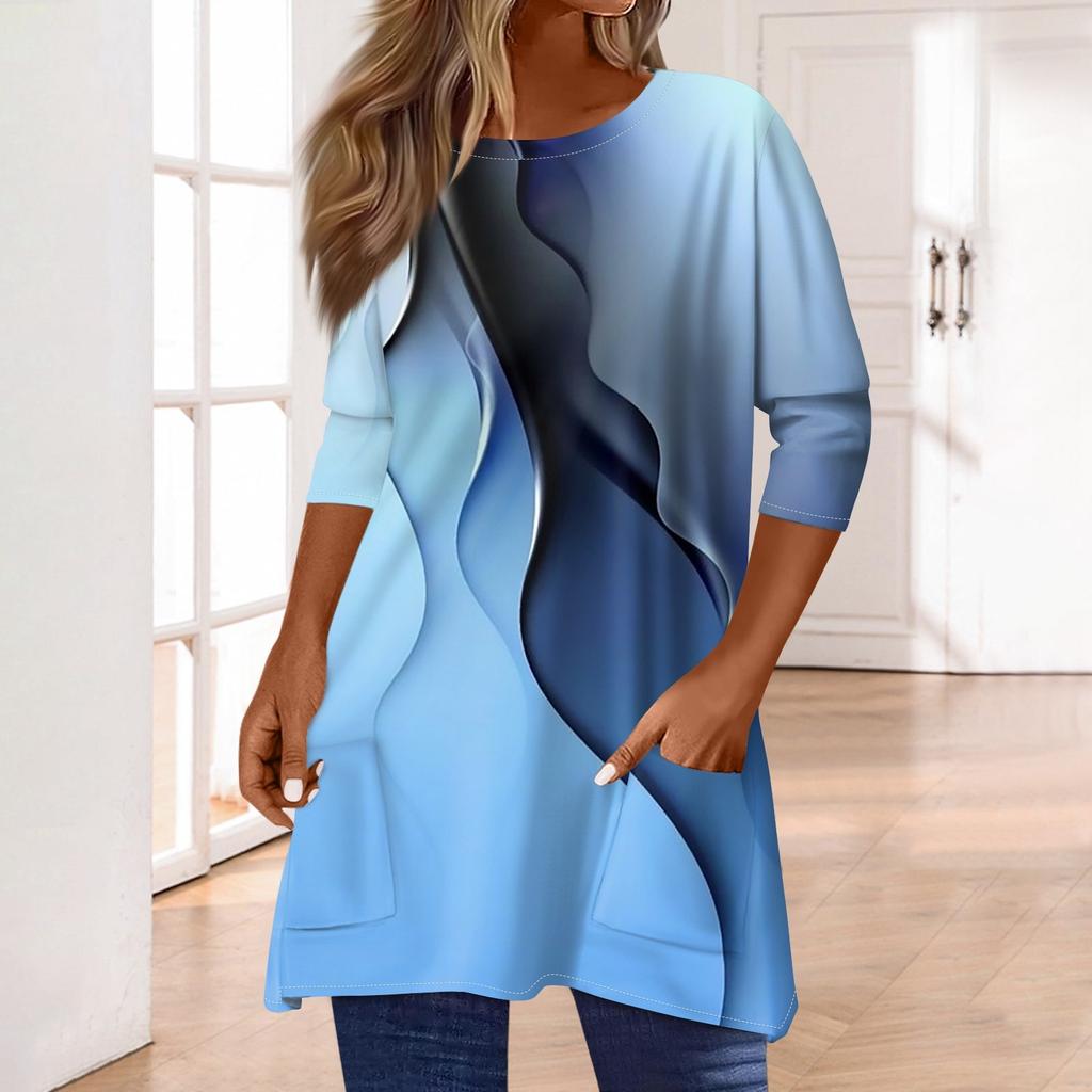 3/4 Sleeve Tops For Women T-Shirt Casual Print Tops T Shirt Round Neck Pullover  Blouse
