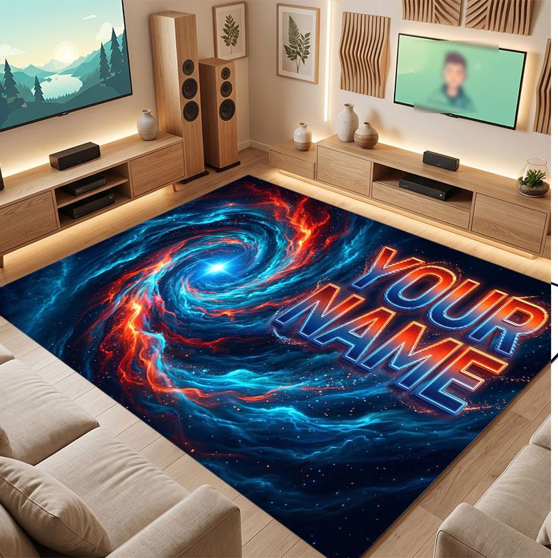 Space Cosmic Theme Crystal Velvet Floor Rug Personalized Custom Name Text Warm Carpet Home Decoration